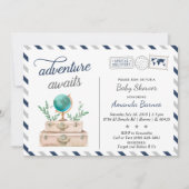 Invitation Adventure Await World Travel Baby Boy Shower Navy (Devant)