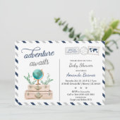 Invitation Adventure Await World Travel Baby Boy Shower Navy (Debout devant)