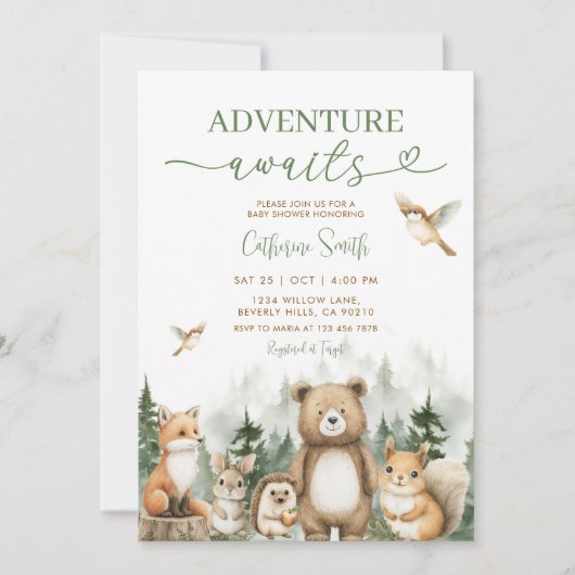 Invitation Adventure Awaits Animal Woodland Tree Baby Shower (Devant)