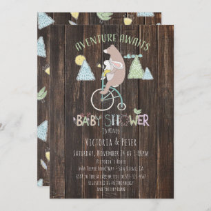 Invitation Adventure Awaits Bear Bunny Bike Baby Shower