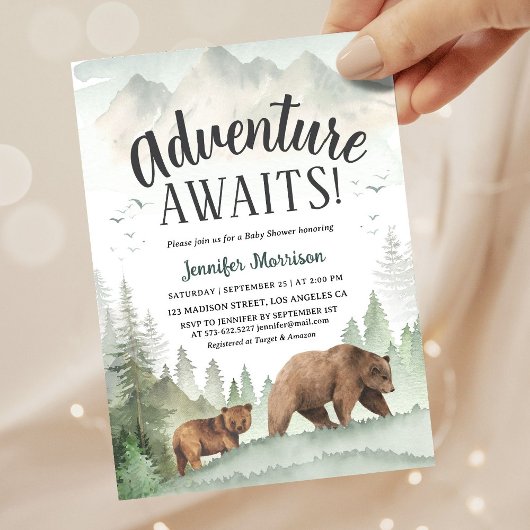 Invitation Adventure Awaits Bear Forest Woodland Baby Shower