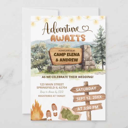 Invitation adventure awaits camping ground wedding (Devant)