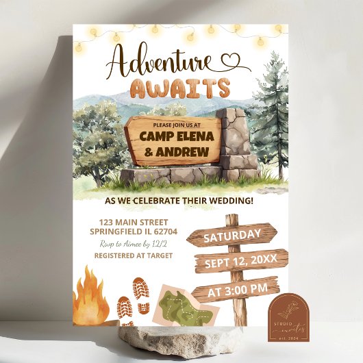 Invitation adventure awaits camping ground wedding
