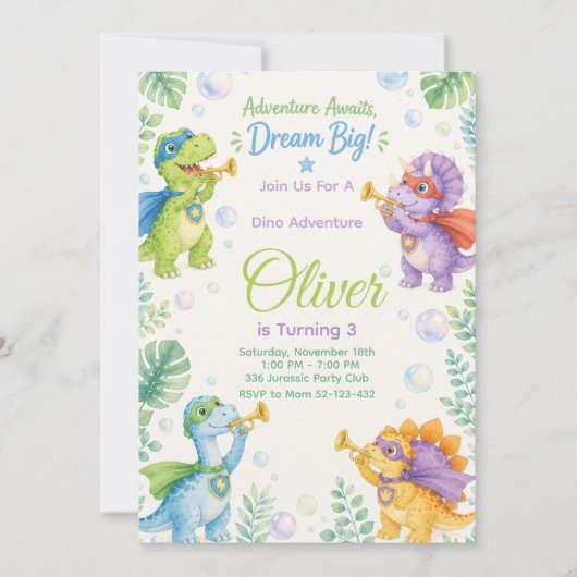 Invitation Adventure Awaits Dream Big Dinosaur Birthday (Devant)