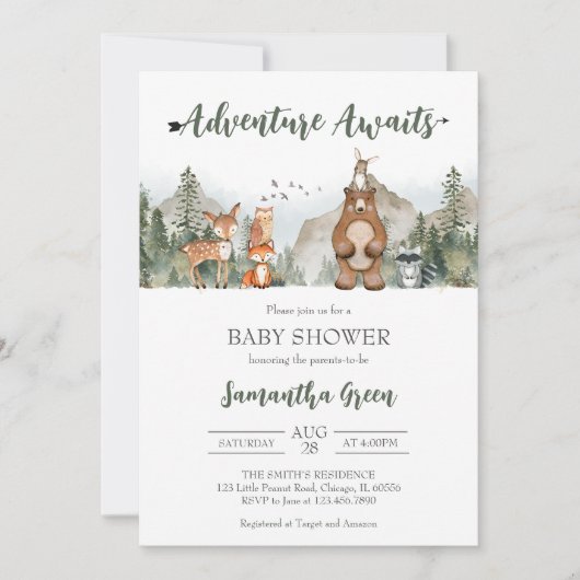 Invitation Adventure Awaits Woodland Baby Shower (Devant)