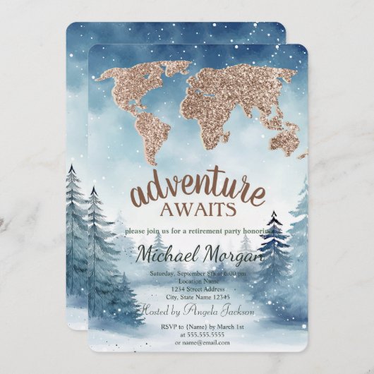 Invitation Adventure Awaits World Map Blue Forest Retirement (Devant / Derrière)
