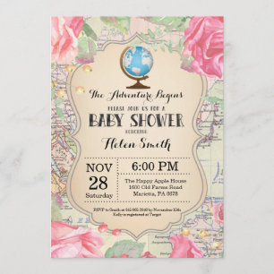 Invitation Adventure Baby shower Pink Floral Map Travel World