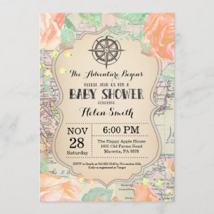 Invitation Adventure Baby shower Pink Floral Map Travel World