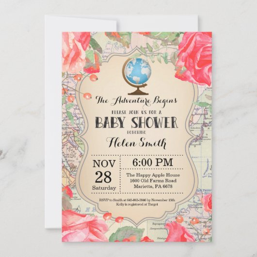 Invitation Adventure Baby shower Red Floral Map Travel World (Devant)