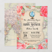Invitation Adventure Baby shower Red Floral Map Travel World (Devant / Derrière)