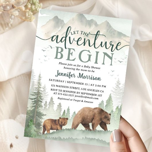 Invitation Adventure Begin Baby Shower Bear Woodland Forest