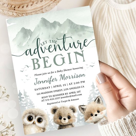 Invitation Adventure Begin Baby Shower Woodland Mountain