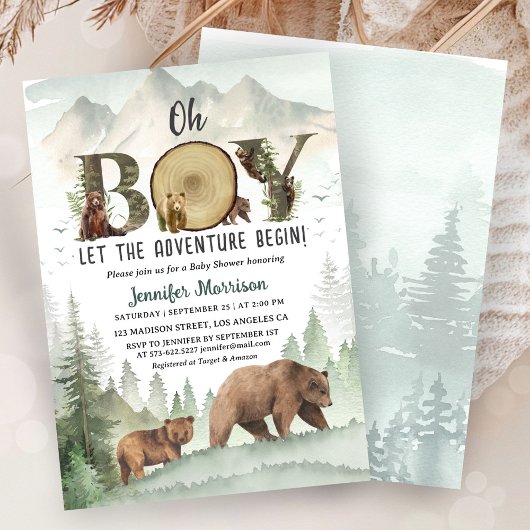 Invitation Adventure Begin Bear Boy Baby Shower Woodland 