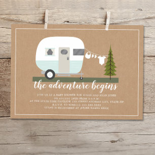 Invitation Adventure Blue Trailer Camper Woodland Baby shower