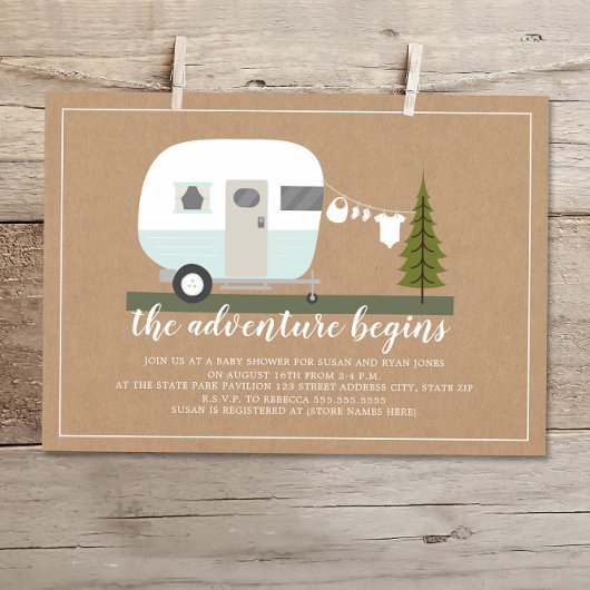 Invitation Adventure Blue Trailer Camper Woodland Baby shower