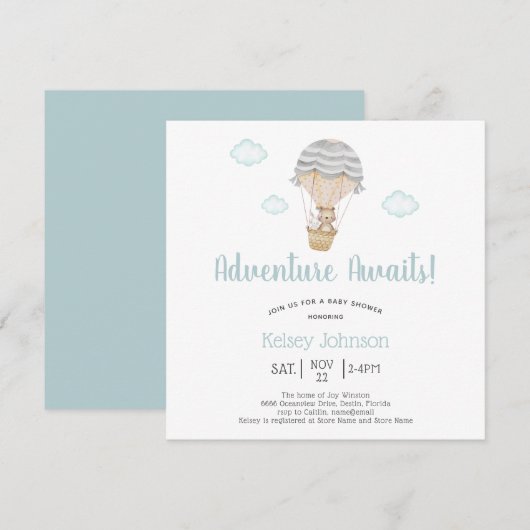 Invitation Adventure Blue Woodland Teddy Bear Baby shower (Devant / Derrière)