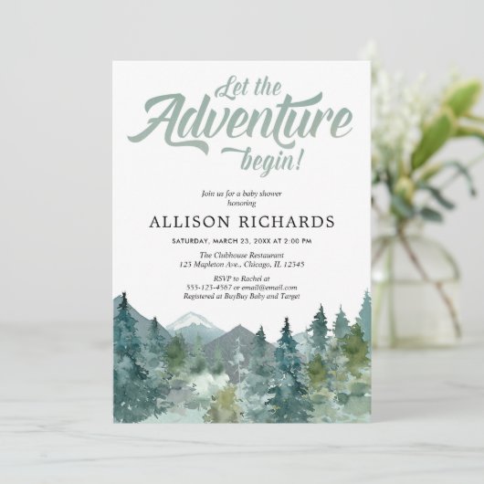 Invitation Adventure boy baby shower forêt rustique bois (Debout devant)