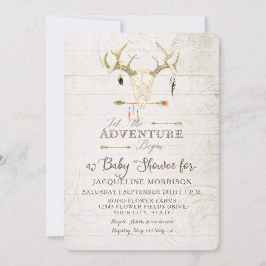 Invitation Adventure Boy Baby shower Teepee Wood Flèches Cerf (Devant)