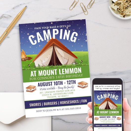 Invitation Adventure Camping Smores Camp Out Anniversaire