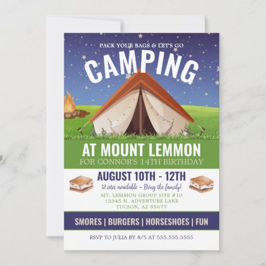 Invitation Adventure Camping Smores Camp Out Anniversaire (Devant)