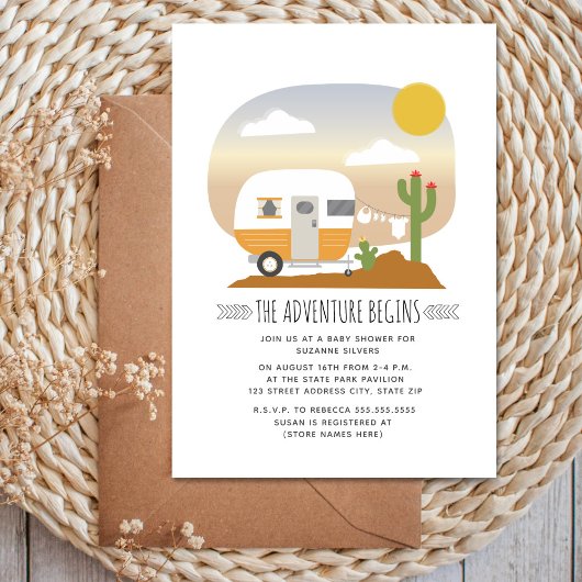 Invitation Adventure Desert Camper Jaune Baby shower neutre