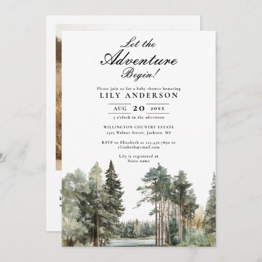 Invitation Adventure Lake Forest Photo Code QR Baby shower (Devant / Derrière)