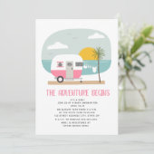 Invitation Adventure Pink Camper Beach Baby shower fille (Debout devant)