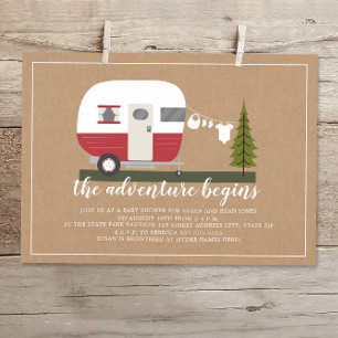 Invitation Adventure Red Trailer Camper Baby shower forestier