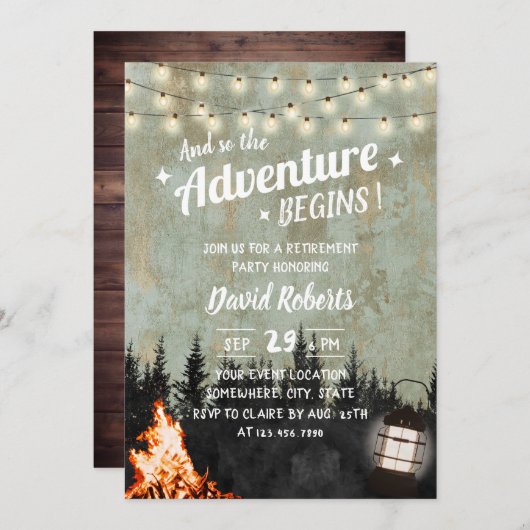 Invitation Adventure Retiremen Rustic Camping Bonfire Lantern (Devant / Derrière)