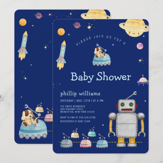 Invitation Adventure Toy Robot Boy Outer Space Baby Shower (Devant / Derrière)