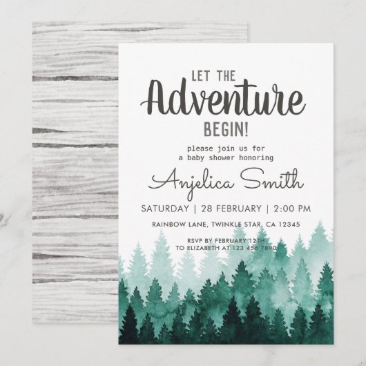 Invitation Adventure Watercolor Baby shower rustique en bois (Devant / Derrière)