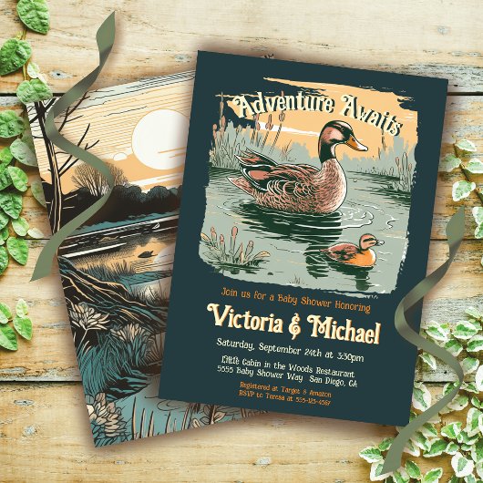Invitation Adventure Woodland Mallord Baby shower canard