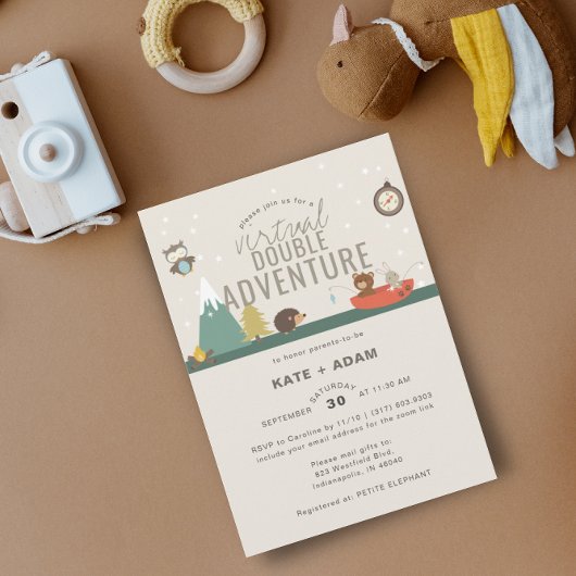 Invitation Adventure Woodland Twin Neutra Baby shower virtuel