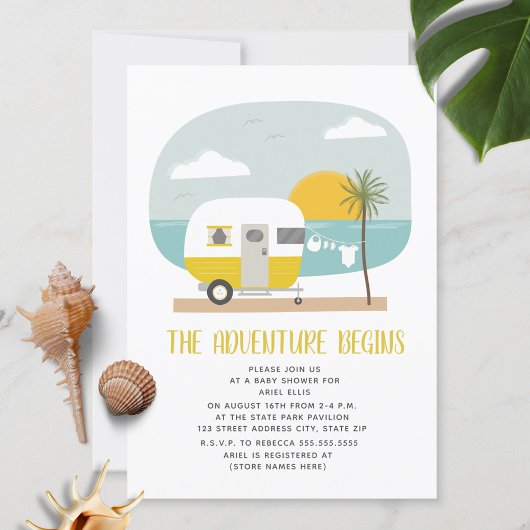 Invitation Adventure Yellow Camper Beach Baby shower neutre