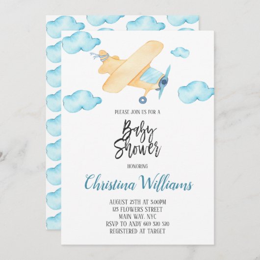 Invitation Aéronef Boy Baby shower Blue (Devant / Derrière)