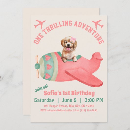 Invitation Aéronef volant de chien mignon Aquarelle rose Anni (Devant / Derrière)