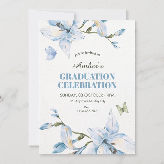 Invitation Aesthetic blue flower bloom graduation (Devant)