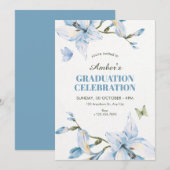 Invitation Aesthetic blue flower bloom graduation (Devant / Derrière)