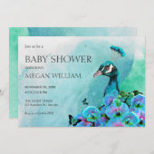 Invitation Aesthetic Blue Peacock Bird baby shower (Devant / Derrière)