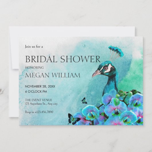 Invitation Aesthetic Blue Peacock Bird bridal shower (Devant)