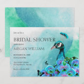 Invitation Aesthetic Blue Peacock Bird bridal shower (Devant / Derrière)
