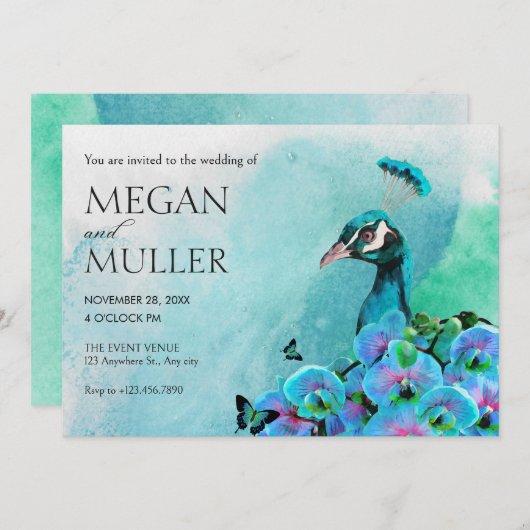 Invitation Aesthetic Blue Peacock Bird wedding (Devant / Derrière)
