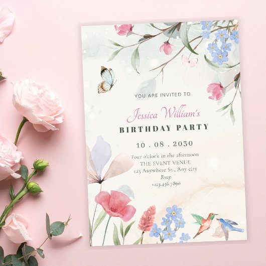 Invitation Aesthetic garden floral, bird, butterfly birthday