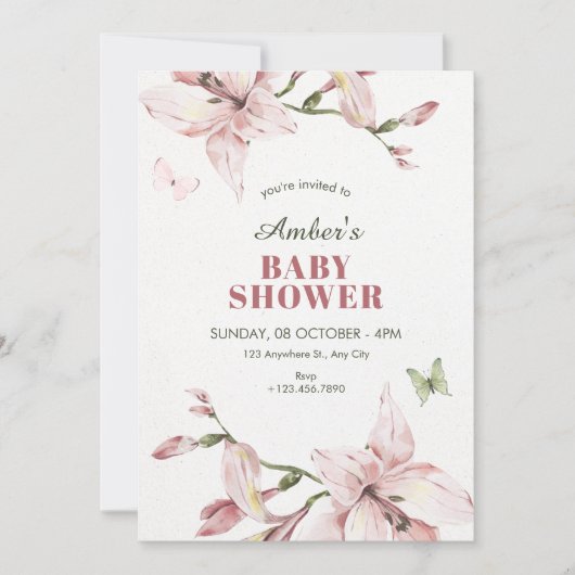 Invitation Aesthetic pink flower bloom baby shower (Devant)