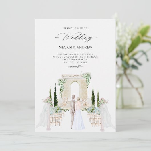 Invitation Aesthétique élégant couple mariage jardin aquarell (Debout devant)