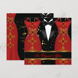 Invitation Affaire Élégante Robe Rouge Nœud Papillon Noir Or 