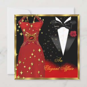 Invitation Affaire Élégante Robe Rouge Nœud Papillon Noir Or 