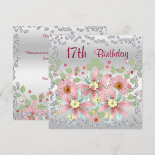 Invitation Affichage floral pour 17e anniversaire & diamants