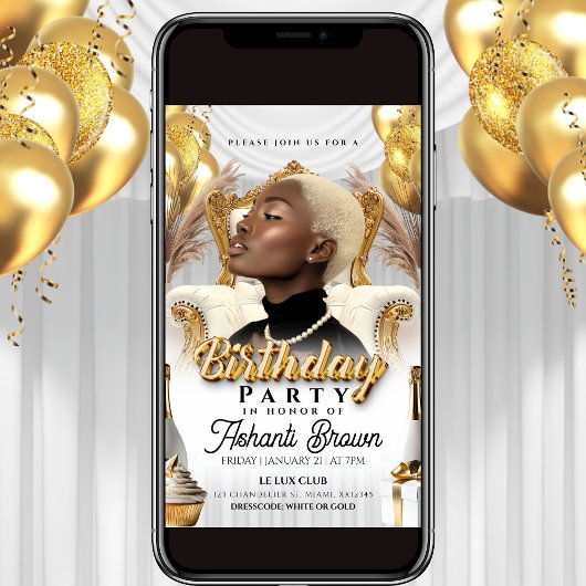 Invitation affiche d'anniversaire royale blanche et or