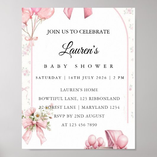 Invitation Affiche de Baby Shower Fleur Rose (Devant)